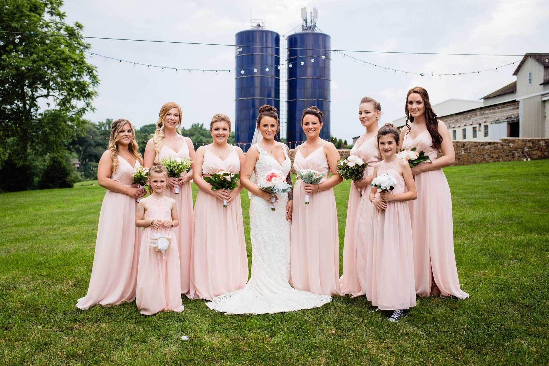 Bridal party in pink dresses standing on a lawn near blue silos.